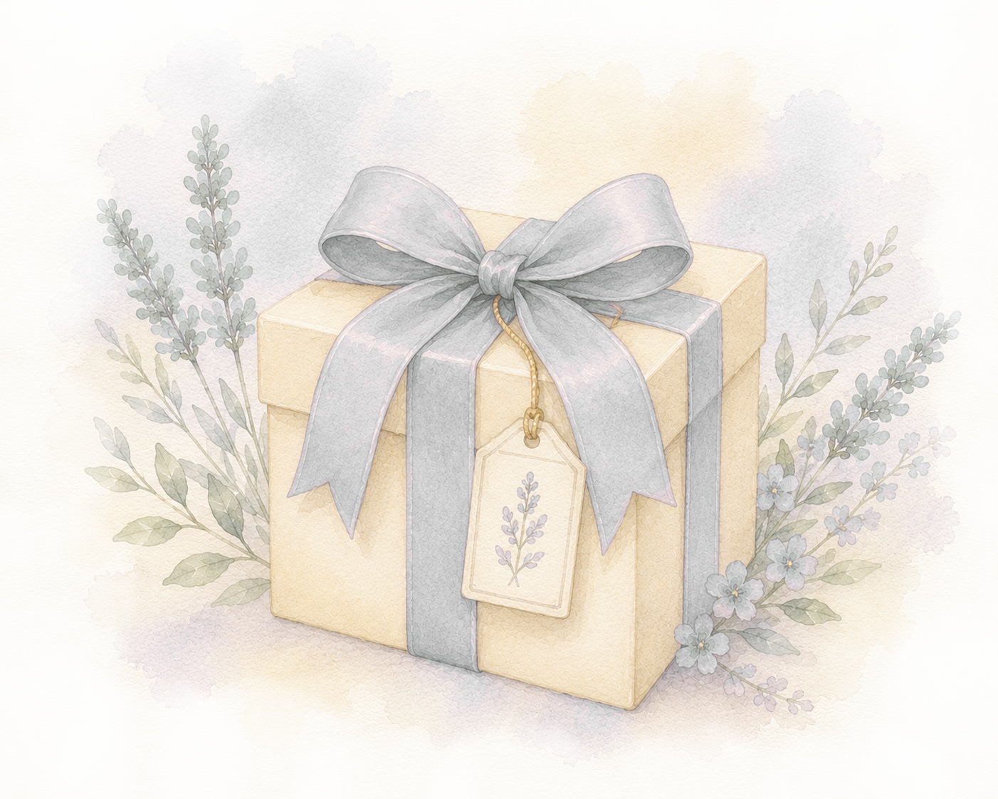Ilustración en acuarela de una caja de regalo con lazo azul