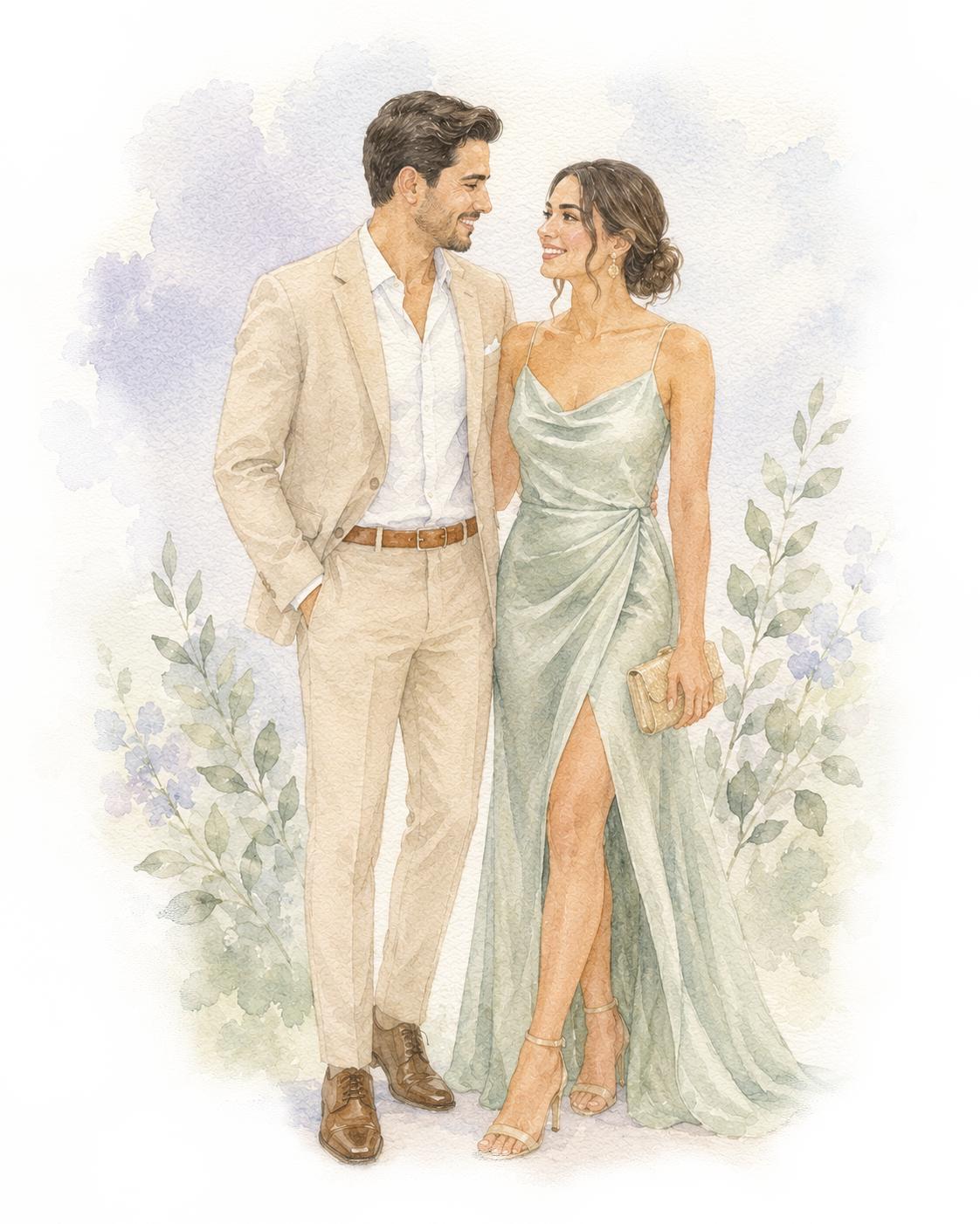 Ilustración en acuarela de una pareja con vestimenta formal
